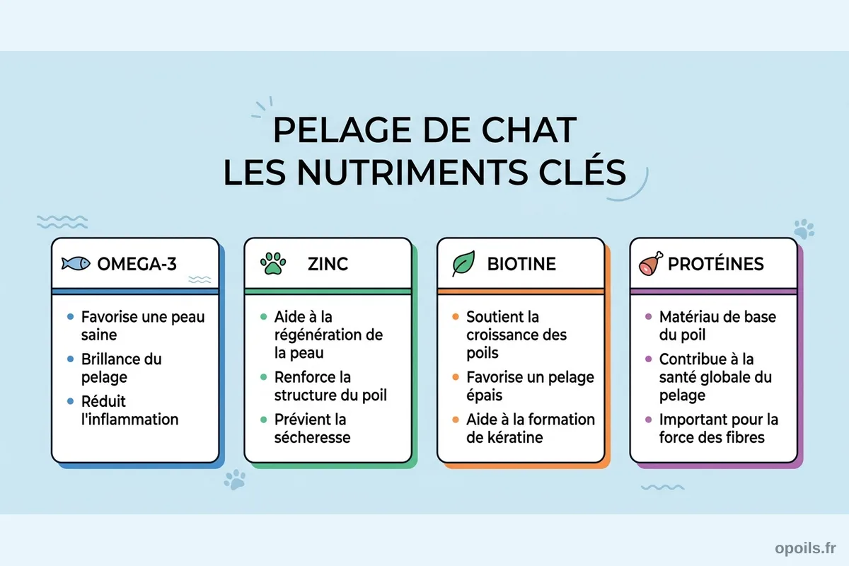 Infographie des nutriments essentiels pour le pelage du chat Infographie montrant les 4 nutriments clés pour la santé du pelage du chat : oméga-3, zinc, biotine et protéines