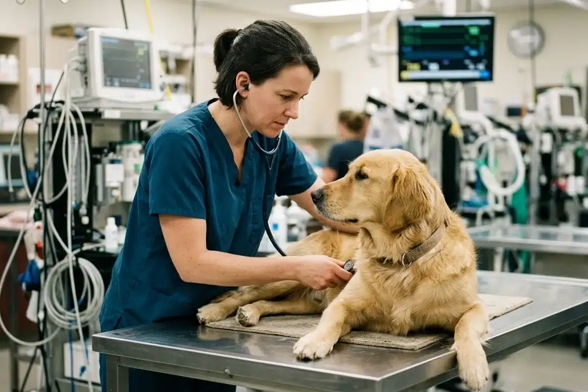 Examen en clinique d'urgence Vétérinaire ausculte un chien golden sur une table d'examen en clinique d'urgence
