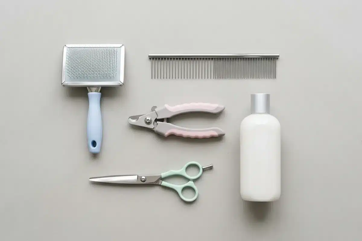 Outils de toilettage pour chien Outils de toilettage pour chien à plat : brosse carde, peigne, coupe-griffes, ciseaux et shampoing