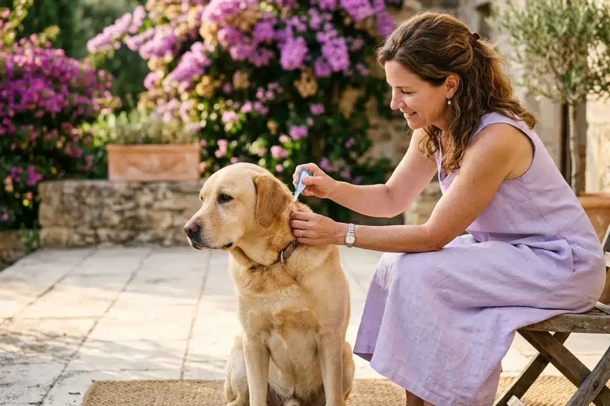 Application antiparasitaire anti-phlebotome sur chien en Provence Proprietaire appliquant une pipette antiparasitaire dans le cou de son labrador roux sur un patio provencal ensoleille