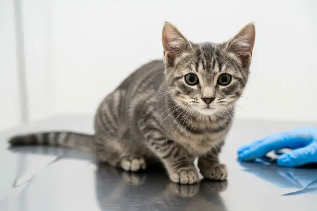Chaton tigré gris sur une table vétérinaire lors de sa primovaccination