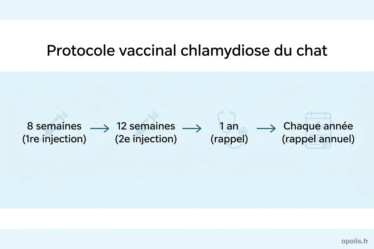 Protocole vaccinal chlamydiose chat calendrier Infographie calendrier vaccinal chlamydiose du chat : 8 semaines, 12 semaines, 1 an, puis rappels annuels