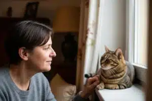 Quand s’inquiéter pour son chat : une personne observe attentivement son chat tigré posé sur le rebord d’une fenêtre.
