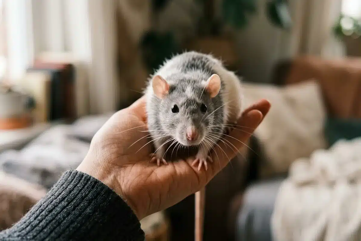 Rat domestique, un NAC affectueux Rat domestique gris et blanc curieux posé sur une main humaine