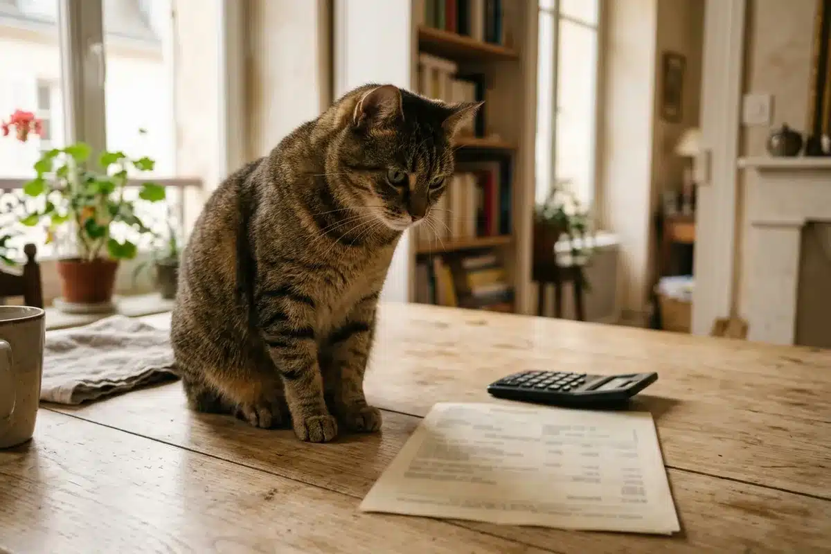 Facture vétérinaire pour demande de remboursement mutuelle animaux Chat assis près d'une facture vétérinaire et d'une calculatrice, démarche de remboursement mutuelle animaux