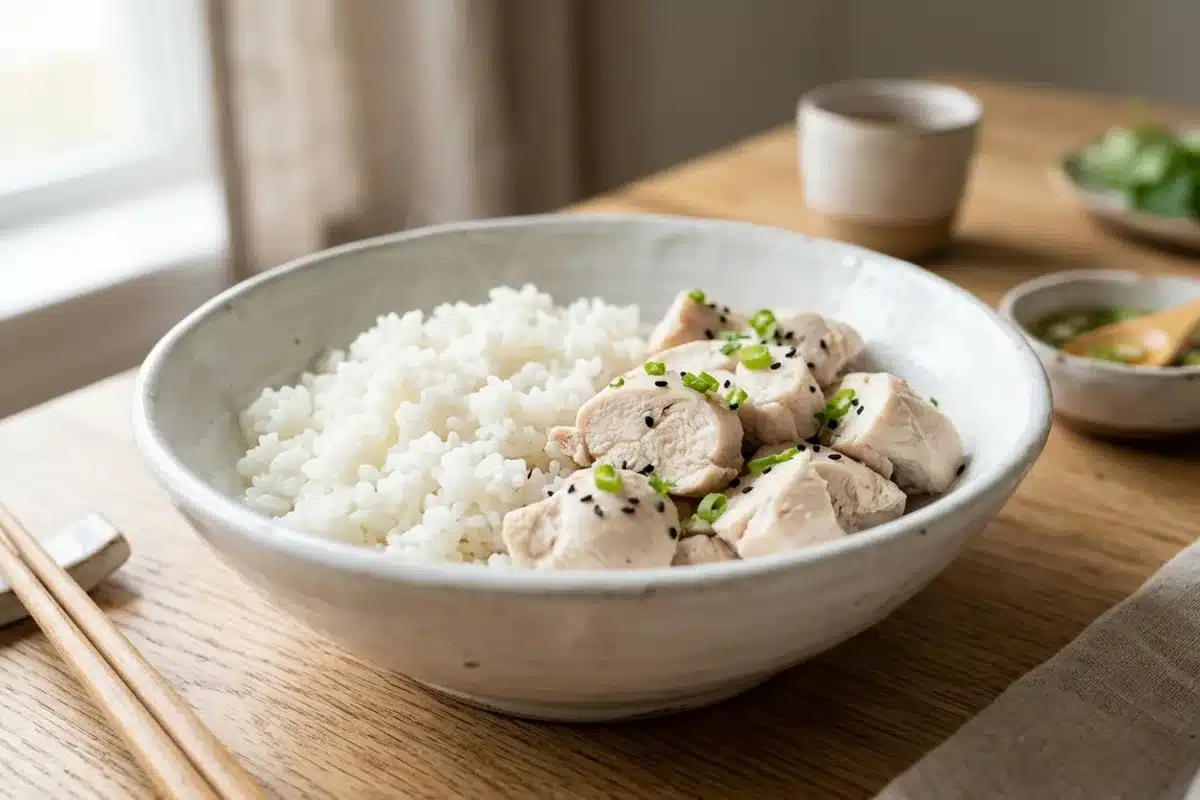 Riz et poulet pochés, alimentation de reprise pour chien malade Bol blanc avec riz blanc cuit et morceaux de poulet poché sur une table en bois naturel