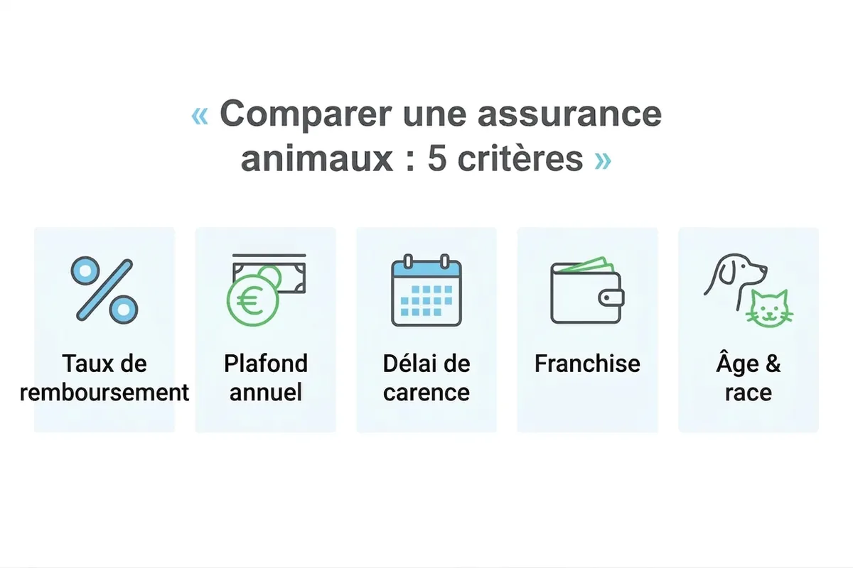 Comparer une assurance animaux : les 5 critères Schéma des 5 critères pour comparer une assurance animaux : taux de remboursement, plafond annuel, délai de carence, franchise, âge et race