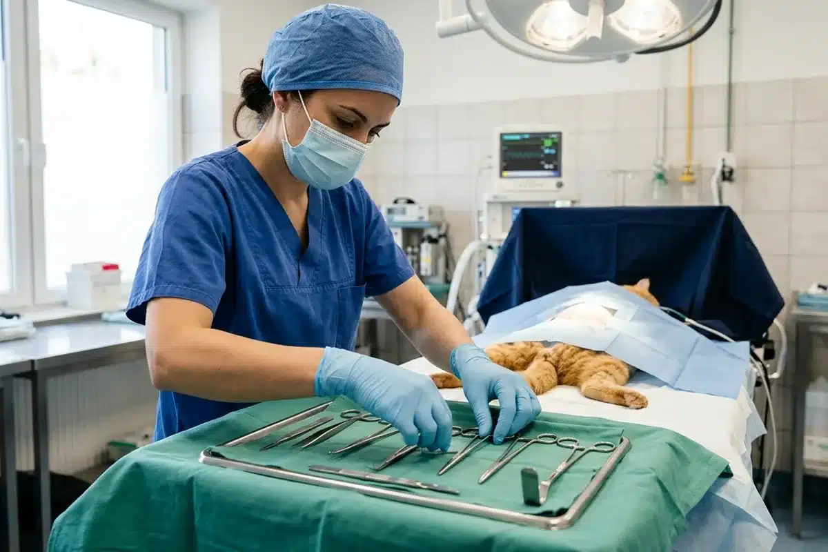Stérilisation de la chatte au bloc Vétérinaire en tenue chirurgicale prépare les instruments pour la stérilisation d'une chatte