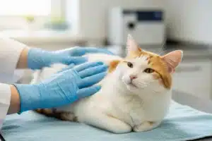 Chatte rousse et blanche examinée par un vétérinaire ganté avant sa stérilisation