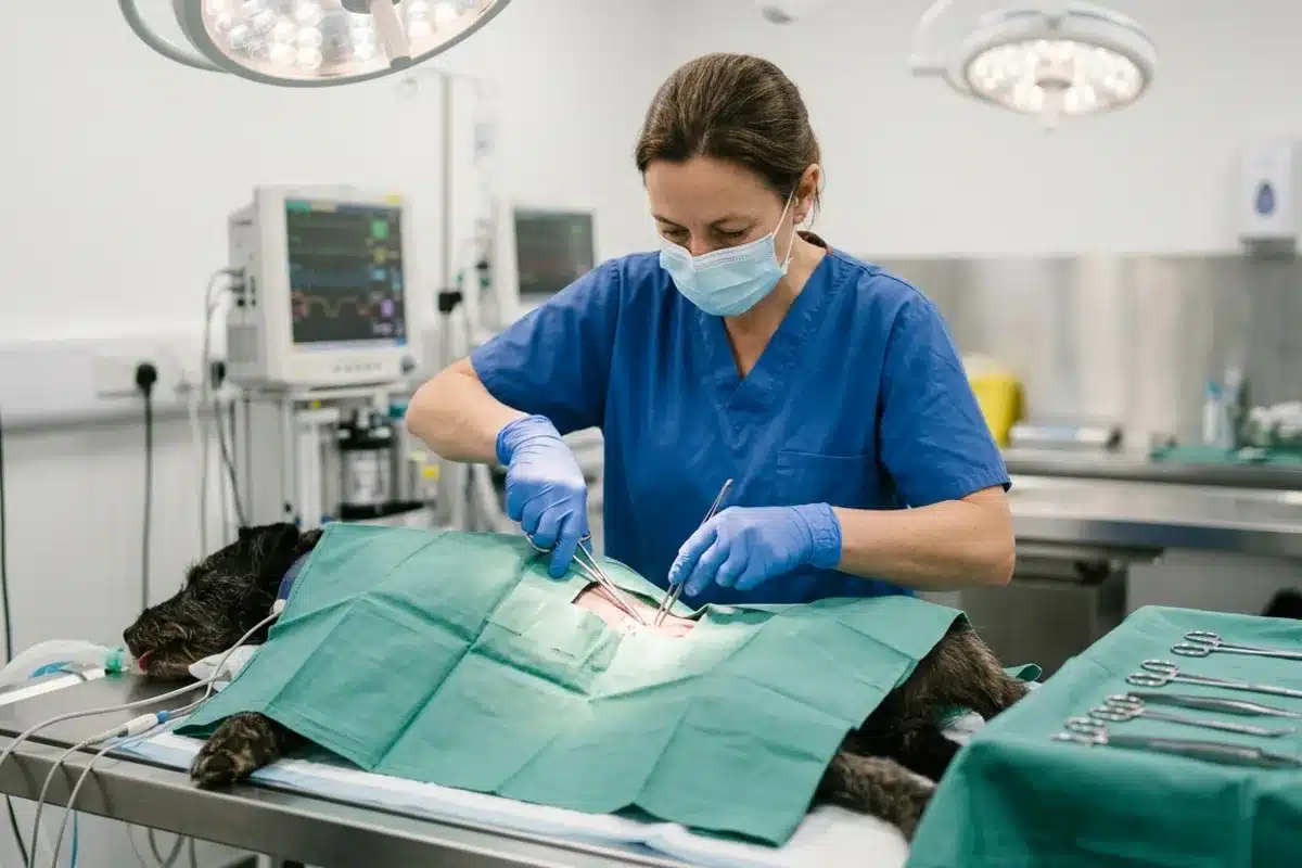Ovariectomie de la chienne au bloc Vétérinaire en tenue chirurgicale réalise l'ovariectomie d'une chienne en salle d'opération