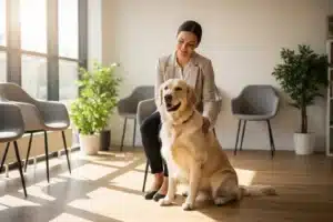 Chienne golden retriever assise près de sa propriétaire dans une salle d'attente vétérinaire