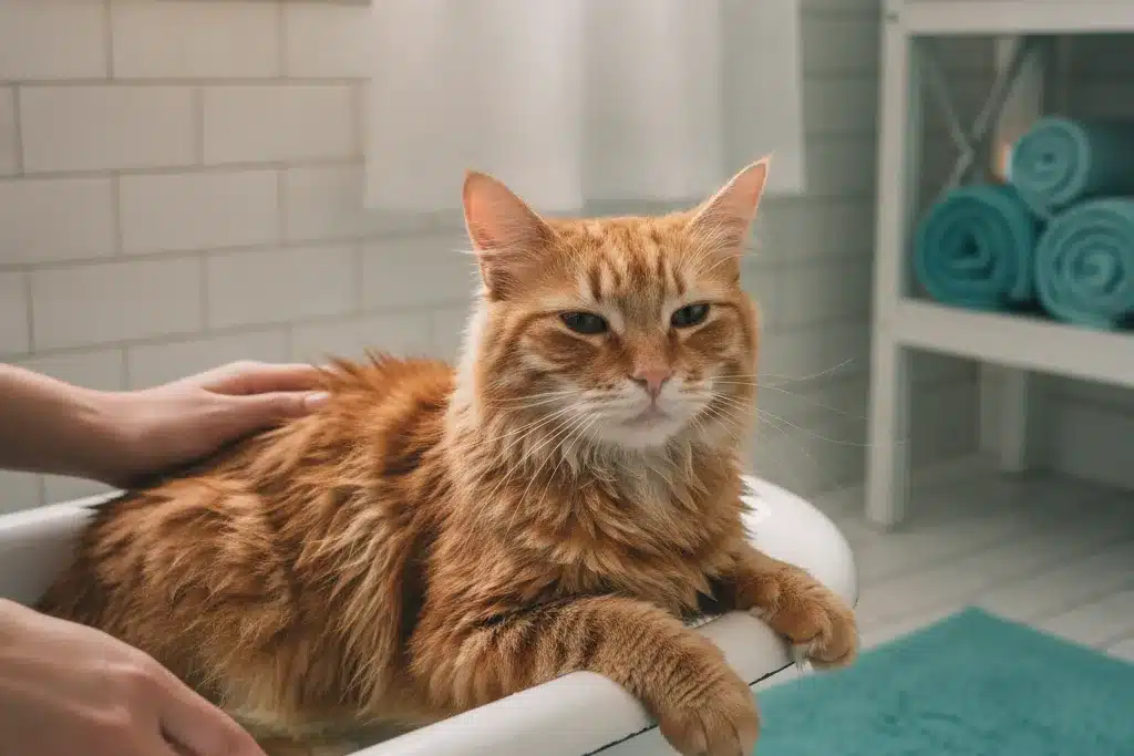 Donner un bain à un chat : quand est-ce utile Chat tabby orange dans un bain peu rempli pour le toilettage