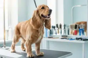 Toilettage du chien : cocker anglais au poil doré sur une table de toilettage dans un salon clair
