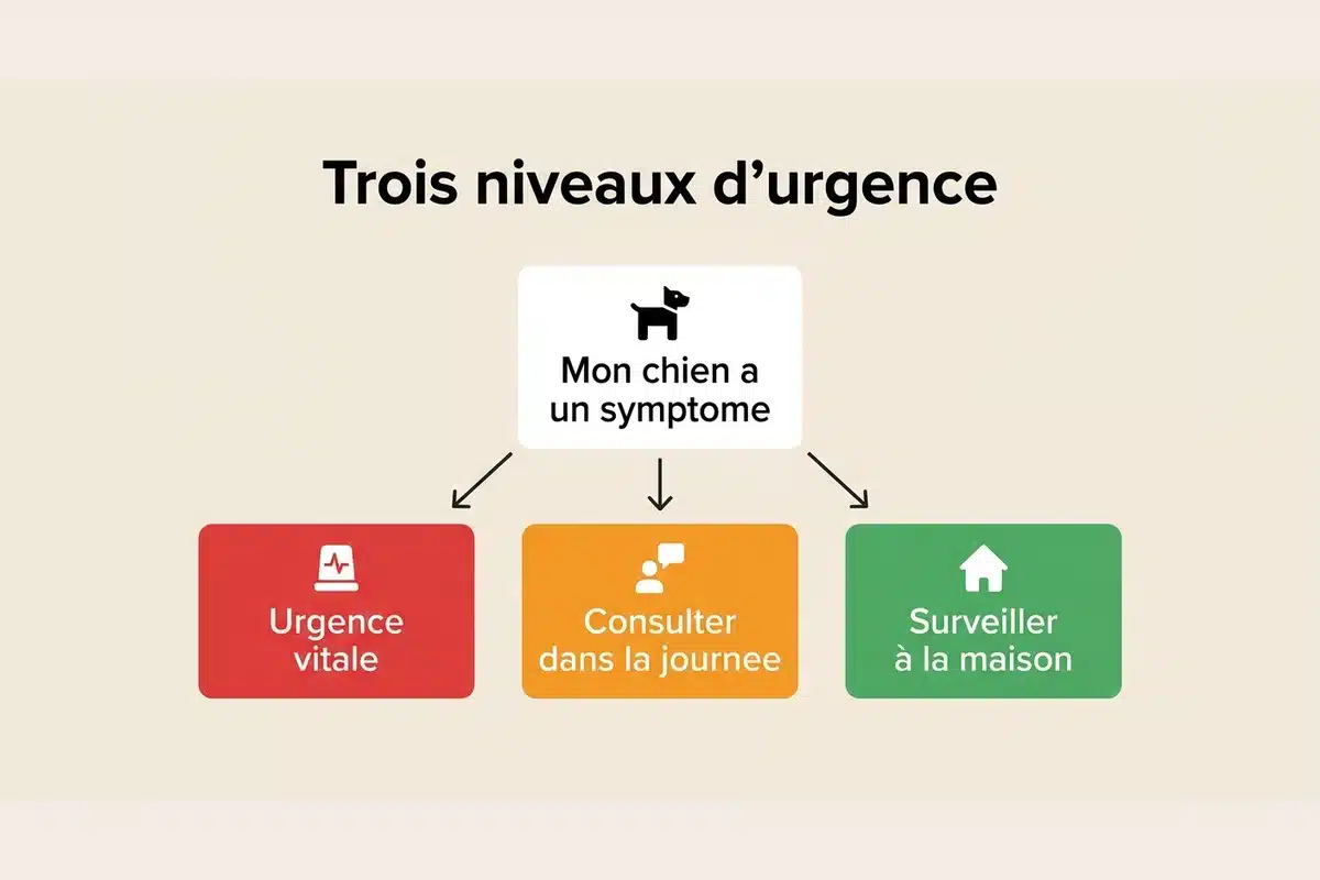 Les trois niveaux d'urgence chez le chien Schéma des trois niveaux d'urgence chez le chien : urgence vitale, consulter dans la journée, surveiller