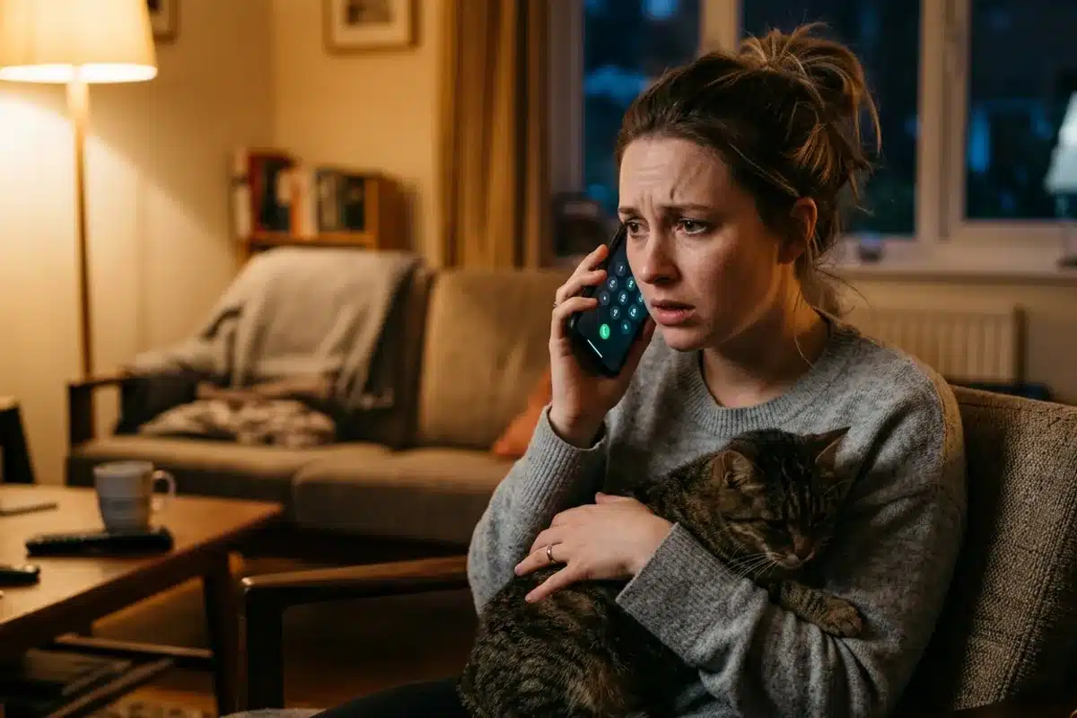 Appeler les urgences vétérinaires Propriétaire inquiète tenant son chat et téléphonant à un service d'urgence vétérinaire le soir
