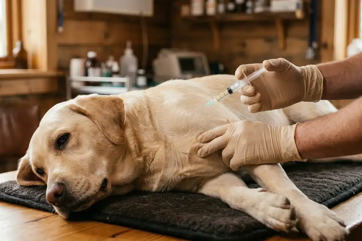 Veterinaire preparant injection vaccin leishmaniose chien Mains de veterinaire preparant une injection vaccinale sur un chien labrador creme couche sur table de consultation