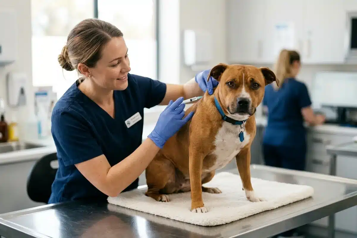 Vaccin chien : injection réalisée par un vétérinaire Vaccin chien administré par une vétérinaire à un chien adulte en consultation
