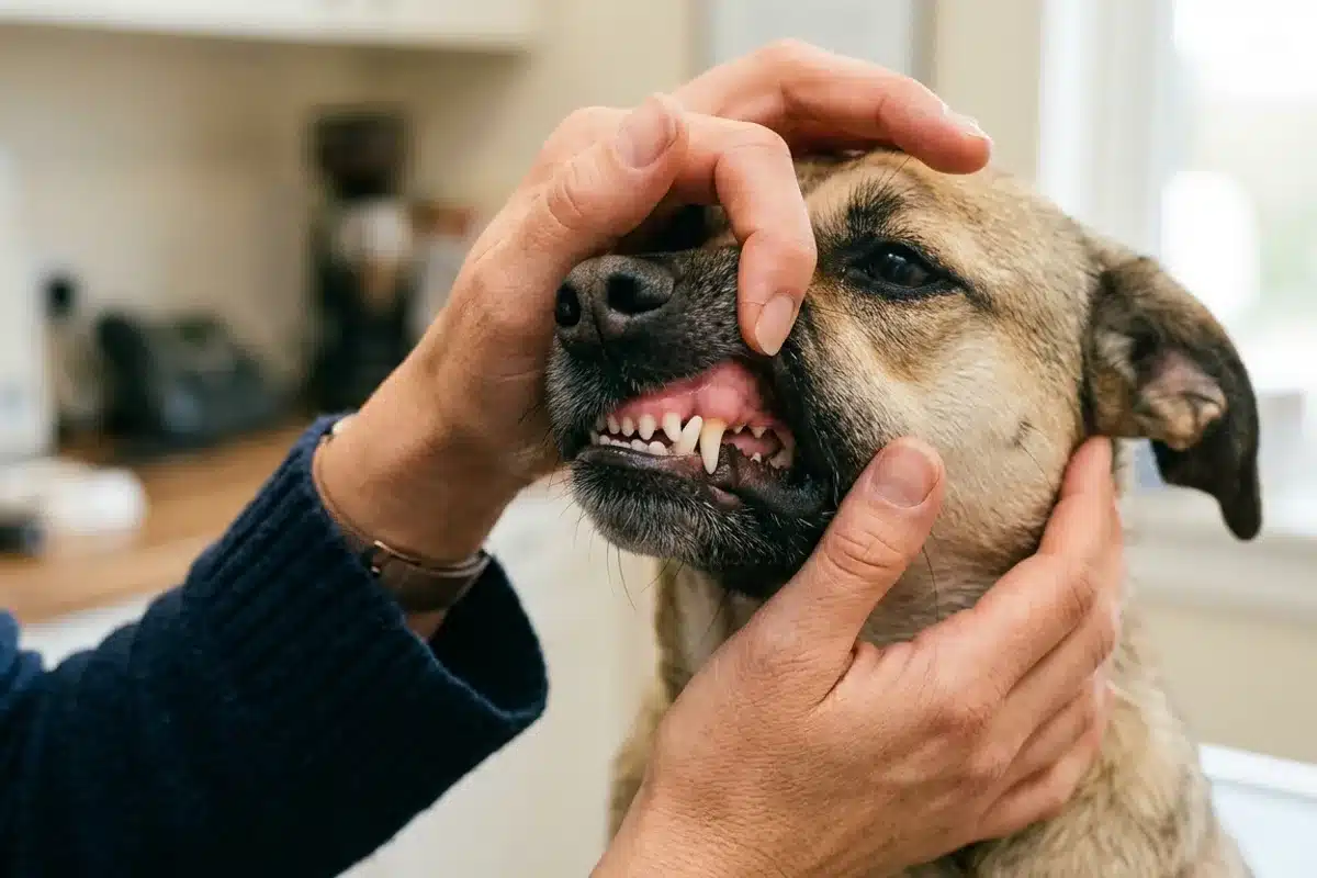 Vérifier la couleur des gencives d'un chien Les mains d'une personne soulèvent la babine d'un chien pour observer la couleur de ses gencives