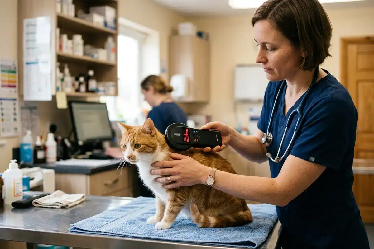 Vérifier le numéro d'identification d'un chat avec un lecteur de puce Vétérinaire lisant la puce d'un chat avec un lecteur pour retrouver son numéro d'identification