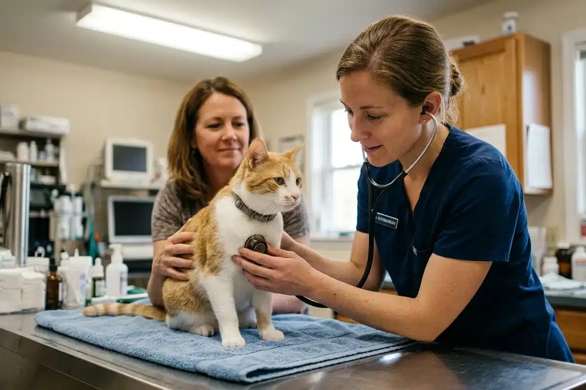 Vétérinaire examinant un chat en consultation Vétérinaire ausculte au stéthoscope un chat roux et blanc sur la table d’examen, en présence de sa propriétaire.