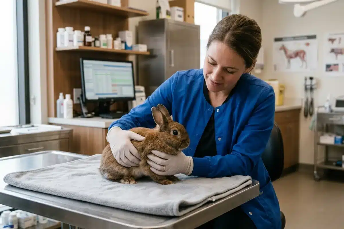 Veterinaire NAC examinant un lapin Veterinaire specialise examinant un lapin, soins adaptes aux nouveaux animaux de compagnie