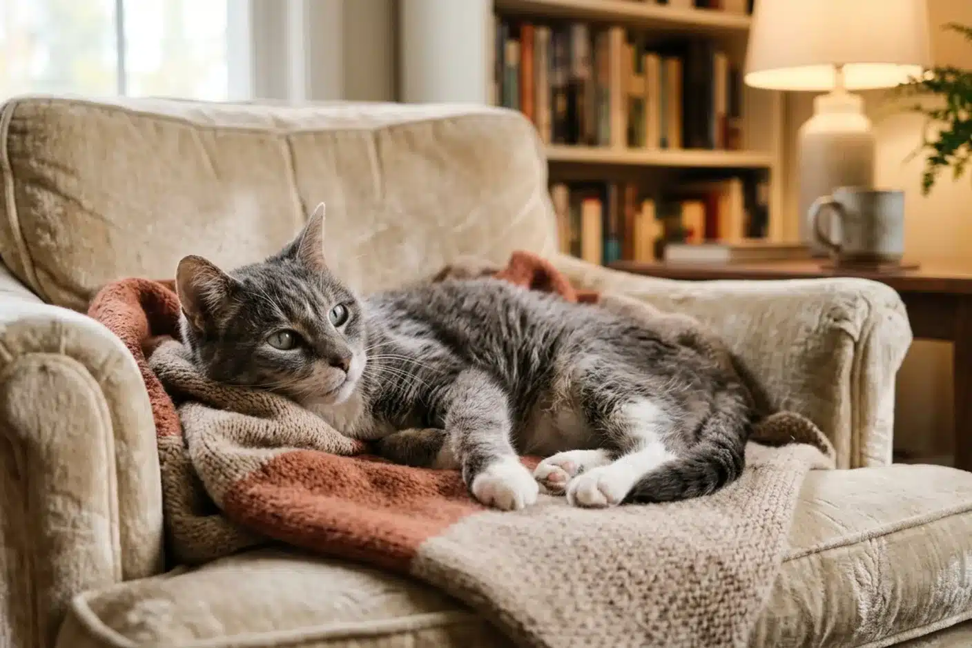 Chat senior reposant dans un fauteuil Vieux chat gris et blanc allongé dans un fauteuil, illustrant le syndrome de dysfonction cognitive sénile