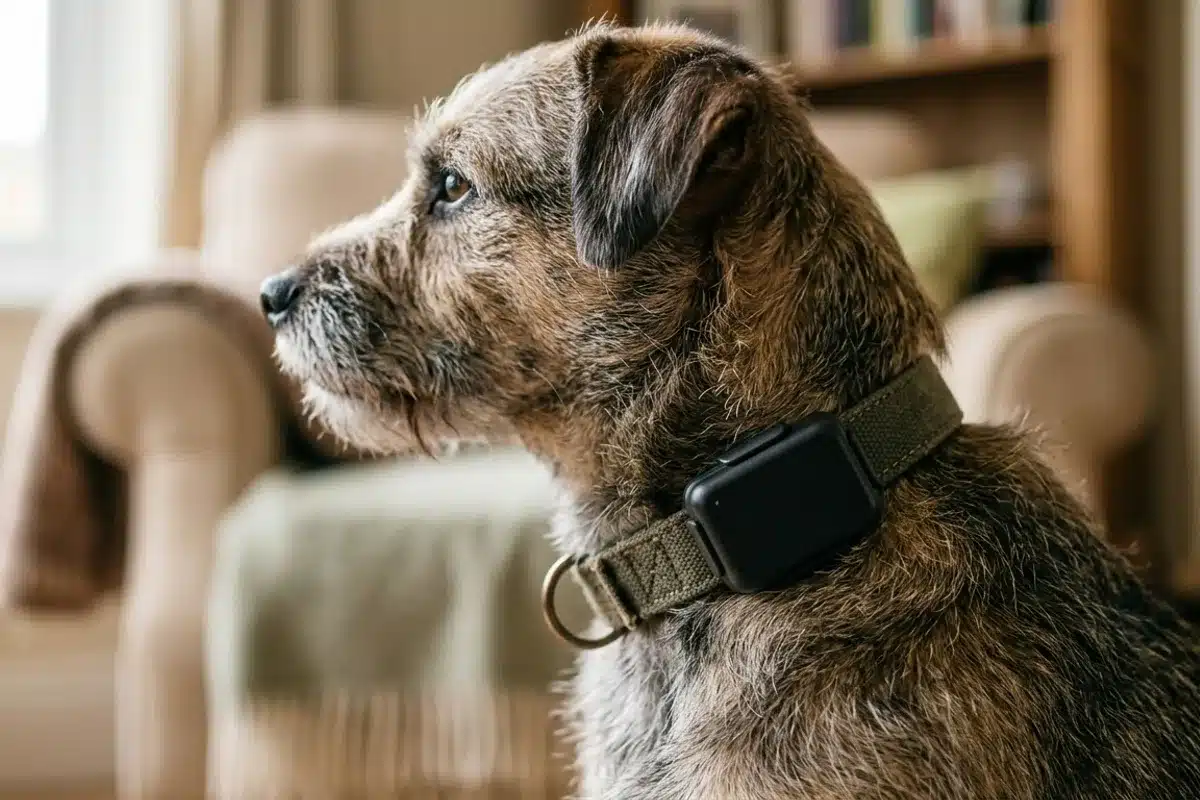 Boîtier GPS fixé au collier d'un chien Gros plan d'un boîtier de traceur GPS fixé au collier en tissu autour du cou d'un chien