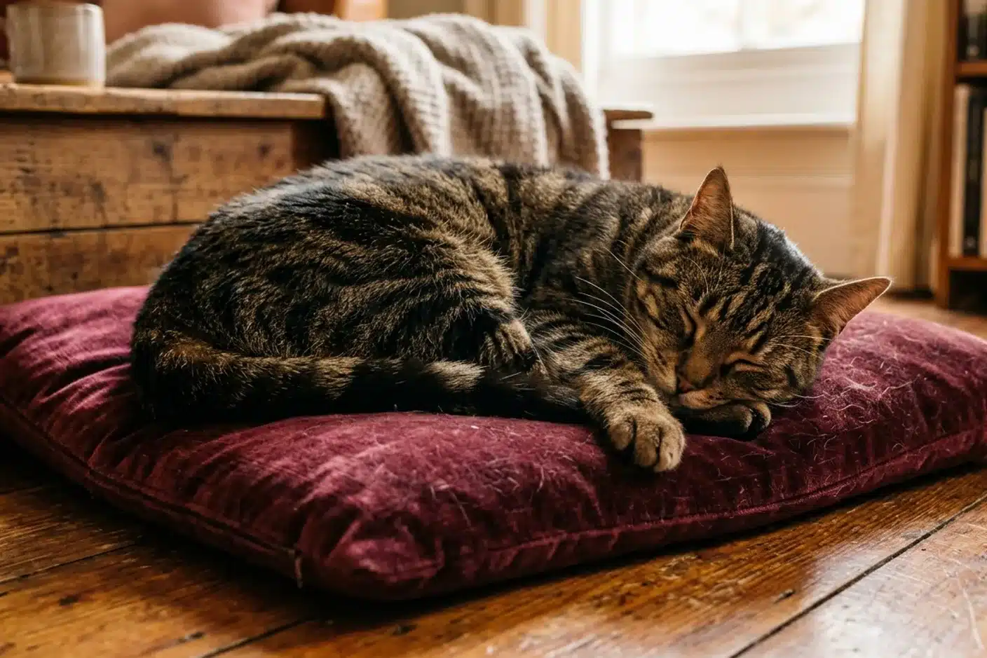 Chat adulte endormi sur coussin bordeaux chat tabby brun couché en boule sur un coussin bordeaux, endormi profondément