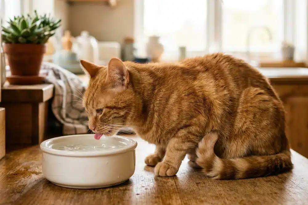 Chat roux qui boit calmement dans une gamelle en céramique blanche, méthode d'administration des élixirs floraux dans l'eau