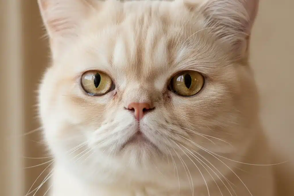 Chat brachycéphale à museau plat avec les yeux larmoyants et traces de larmes sous les yeux