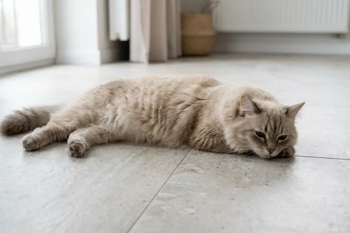 Chat allongé sur le sol, regard absent chat beige à poils mi-longs allongé à plat sur un carrelage, regard vague, posture lourde