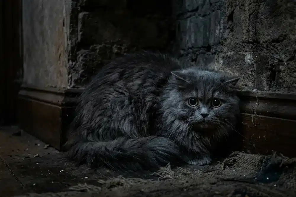 Chat aux oreilles plaquées et pupilles dilatées, posture tassée typique d'un chat anxieux