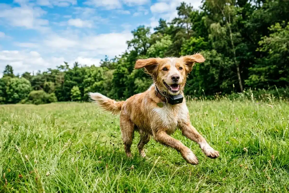 Chien avec collier GPS courant dans un champ Chien courant dans un champ herbeux avec un collier GPS et son boîtier de localisation