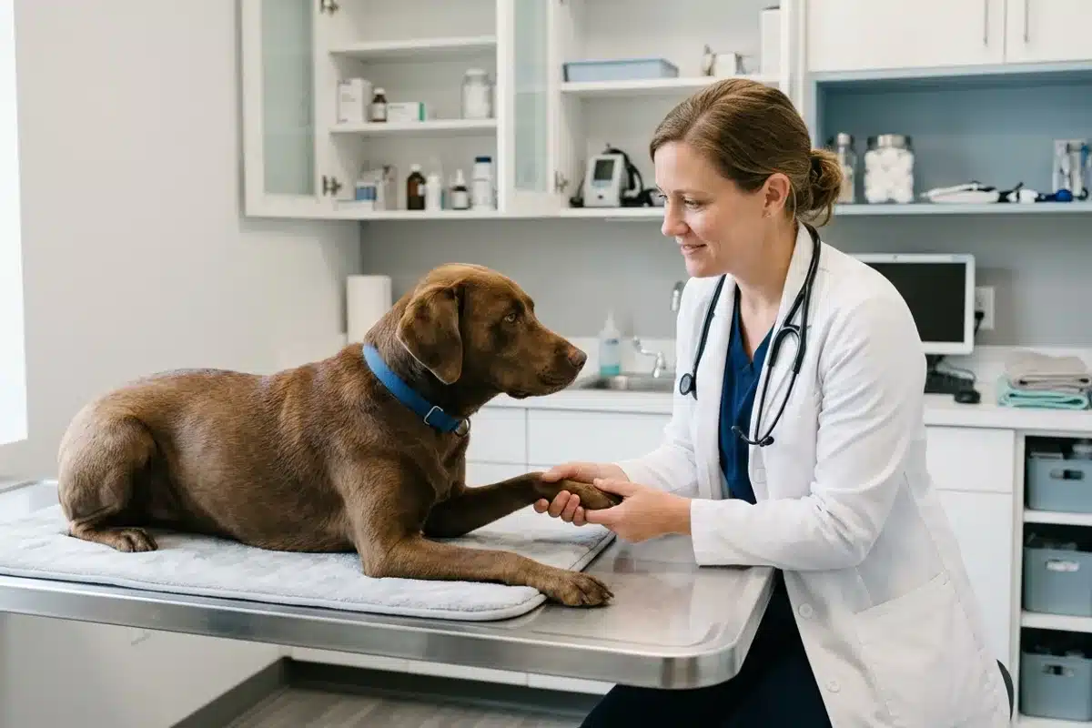 Consultation vétérinaire pour un chien souffrant de polydipsie Vétérinaire en blouse blanche examinant un labrador chocolat sur une table d'examen, bilan clinique de polydipsie