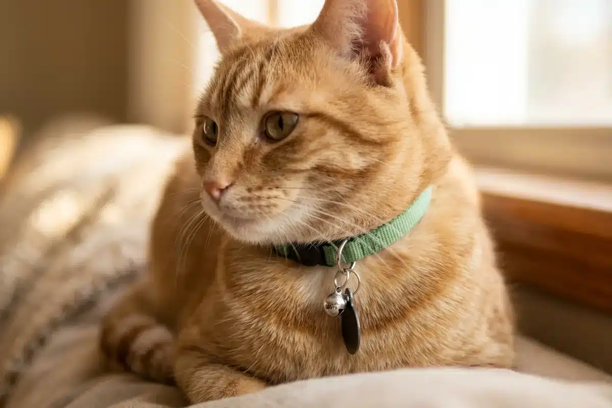 Chat roux portant un collier léger, illustrant les contraintes de poids pour un collier GPS chat