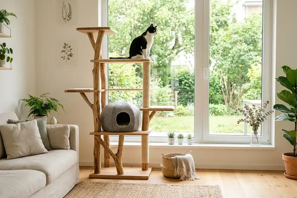 Salon avec un grand arbre à chat en bois naturel et un chat noir et blanc perché en hauteur, environnement enrichi et sécurisant