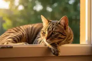 Chat domestique paisible installé sur un rebord de fenêtre ensoleillé, illustrant l'apaisement recherché avec les fleurs de Bach
