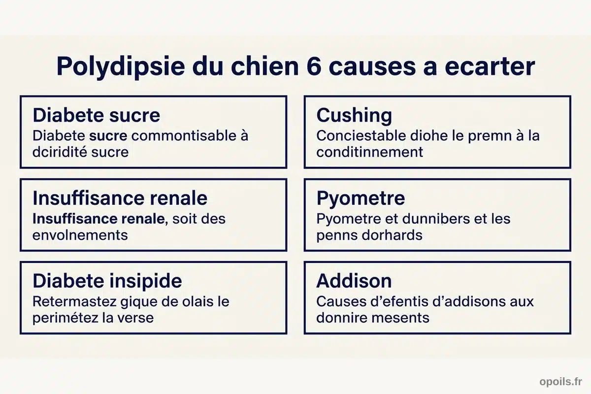 Infographie : 6 causes de polydipsie à écarter chez le chien Schéma des 6 causes de polydipsie chez le chien : diabète sucré, Cushing, insuffisance rénale, pyomètre, diabète insipide, Addison