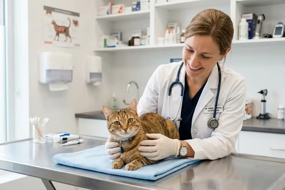 Vétérinaire en blouse blanche qui examine avec bienveillance un chat tigré sur une table d'examen dans un cabinet lumineux