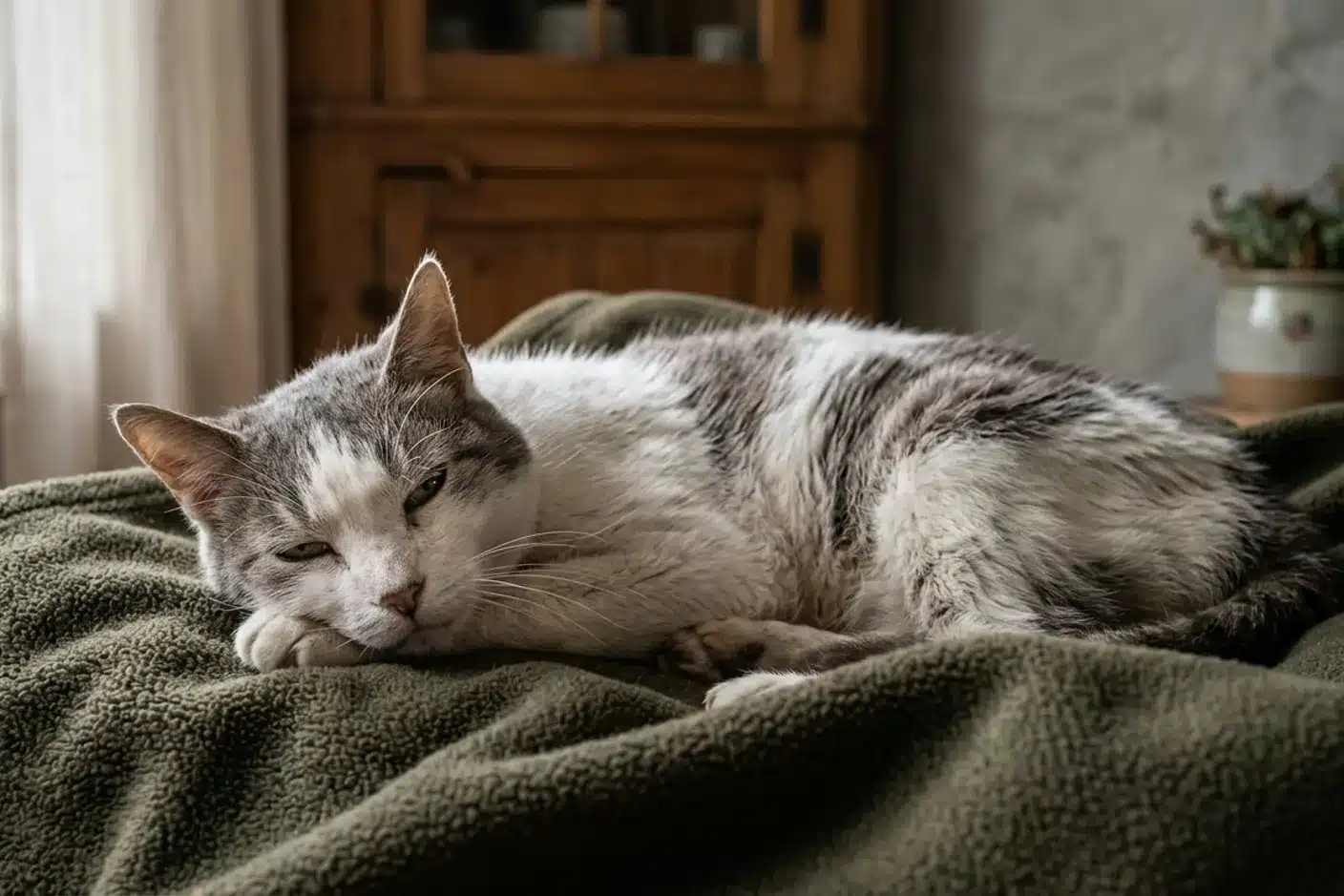 Vieux chat senior endormi sur couverture verte vieux chat blanc et gris aux poils clairsemés, couché sur une couverture vert kaki, yeux mi-clos