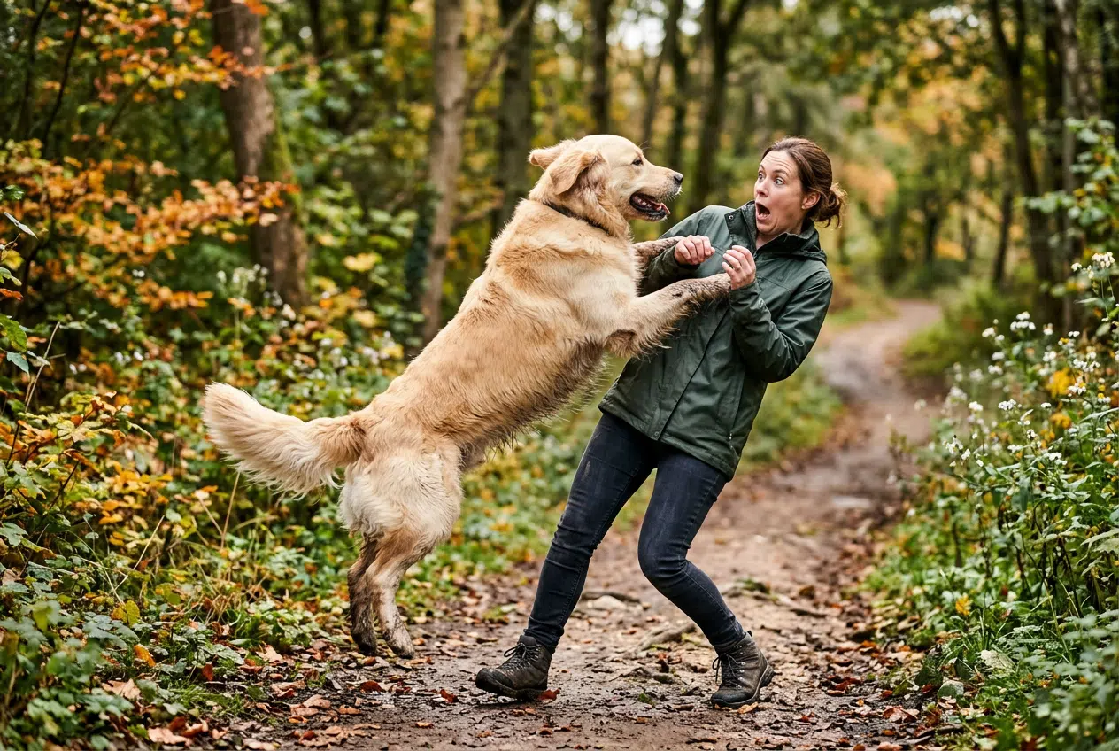 Chien qui saute sur les gens Chien qui saute sur une personne lors d'une promenade