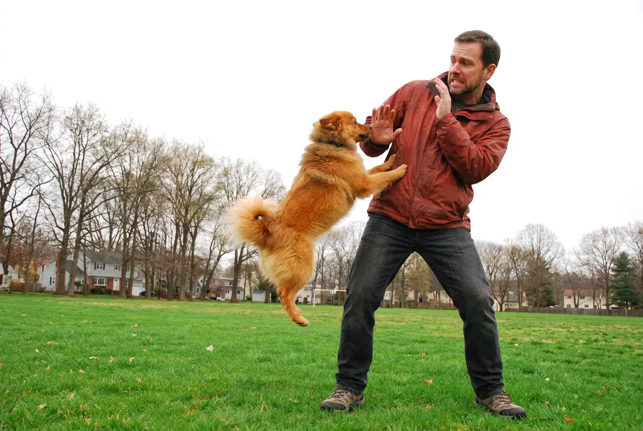 Chien qui saute sur les gens Chien sautant sur son maître