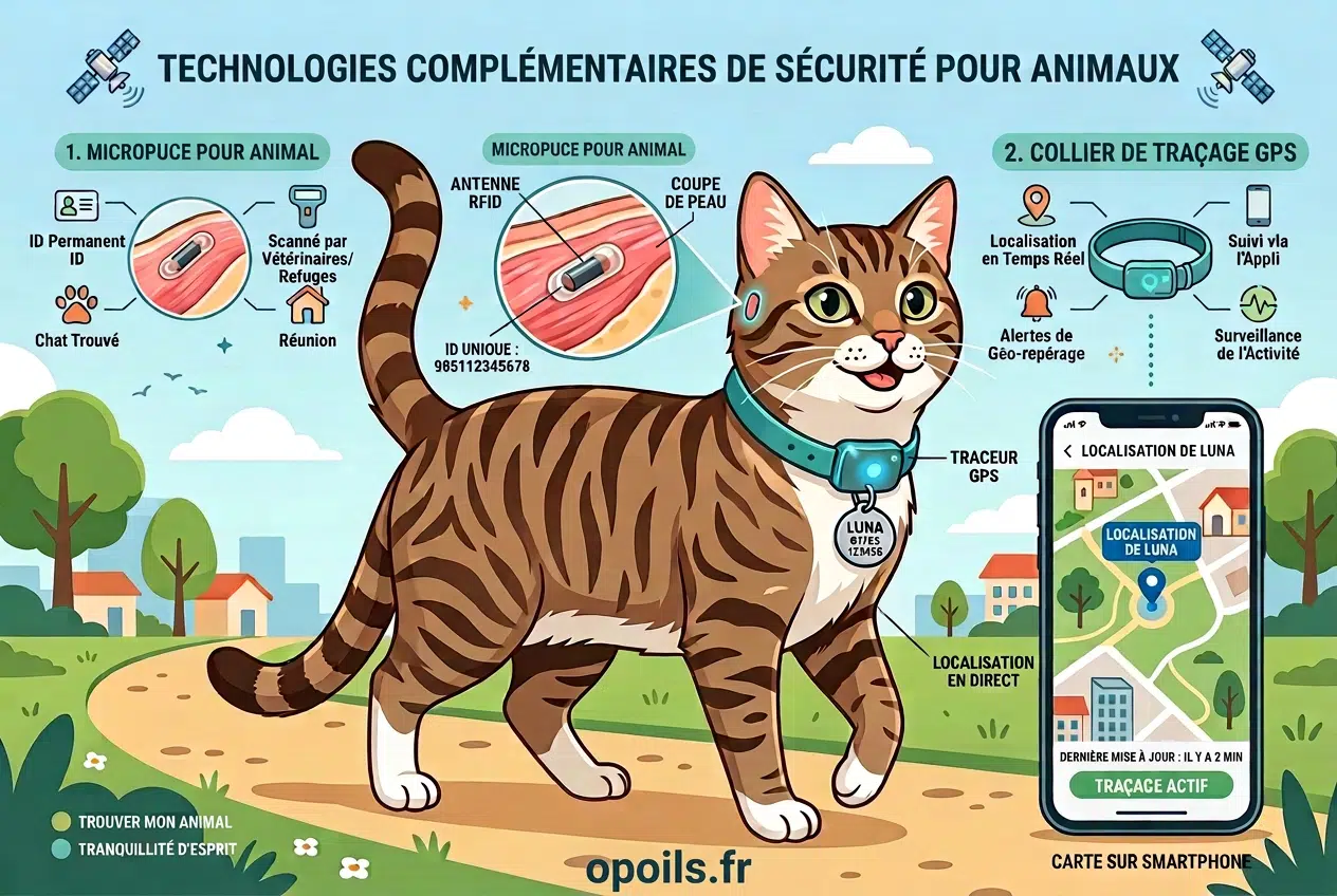 Puce électronique vs traceur GPS Infographie : puce électronique et traceur GPS pour chat, deux technologies complémentaires