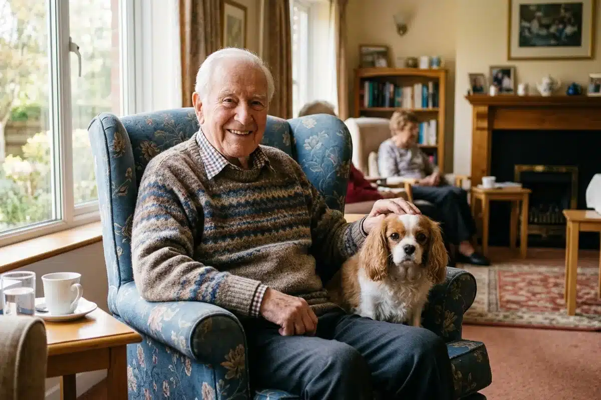 Un animal auprès des personnes âgées Un homme âgé souriant caresse un petit chien assis près de lui dans le salon lumineux d'une maison de retraite