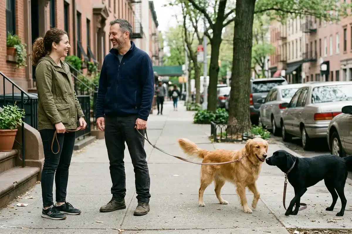 L'animal, un lien social au quotidien Deux personnes discutent en souriant sur un trottoir pendant que leurs chiens se rencontrent, l'animal crée du lien social