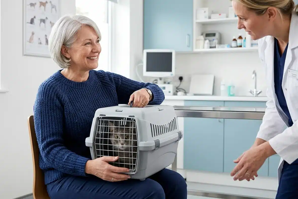 Femme en consultation vétérinaire avec son chat âgé dans un panier de transport, frais assurance animaux