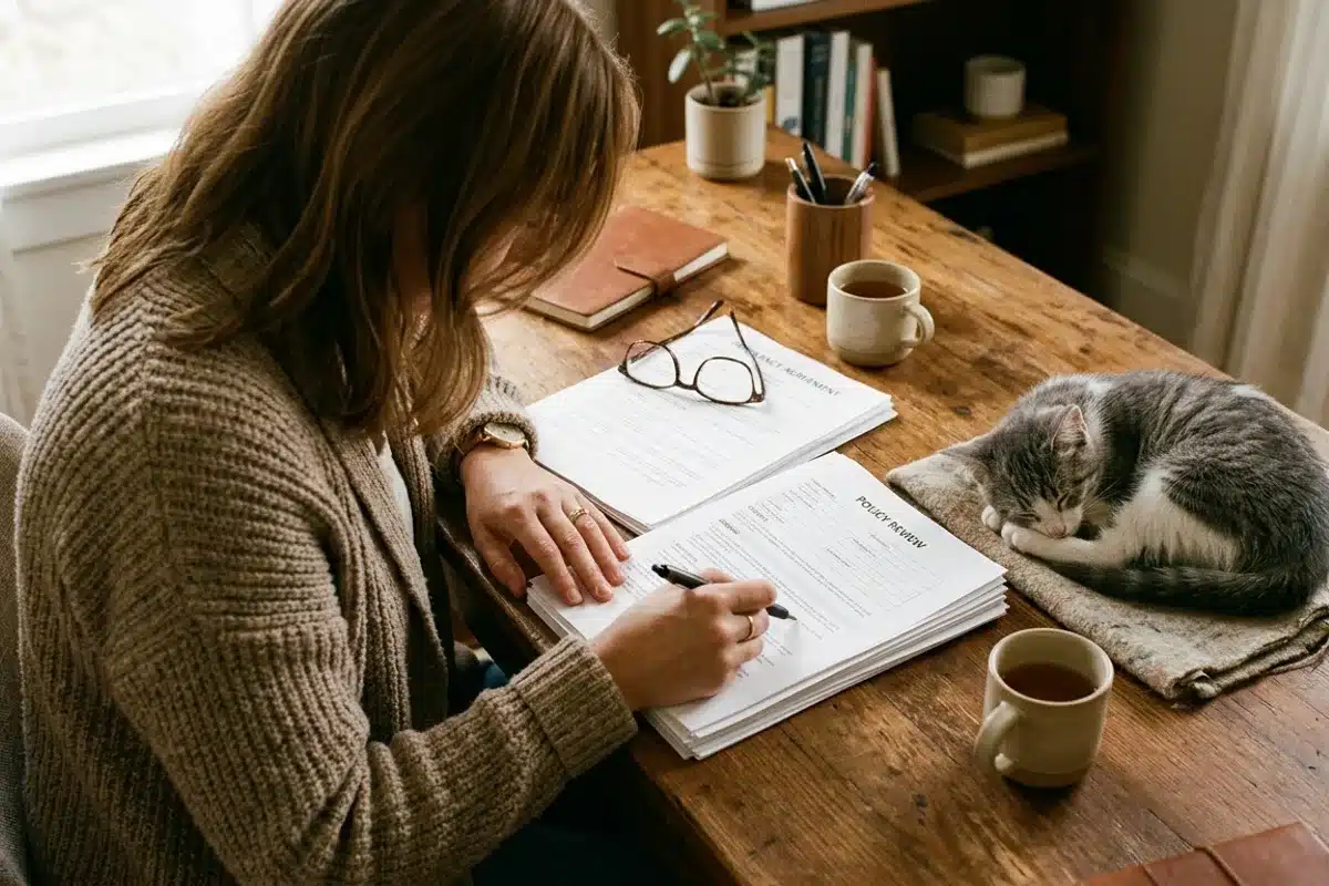 Personne consultant un contrat d'assurance animaux, son chat gris endormi à côté sur le bureau