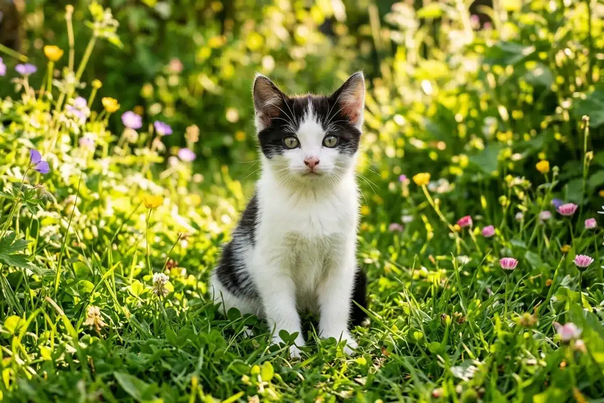 Petit chaton noir et blanc assis dans l'herbe verte d'un jardin ensoleillé avec fleurs sauvages