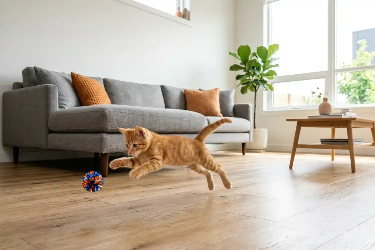Chaton roux bondissant après un jouet sur le parquet d'un salon avec canapé gris