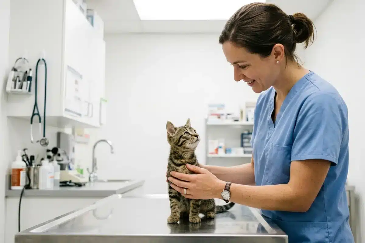 Vétérinaire en blouse bleue tenant un chaton tigré sur une table d'examen en inox